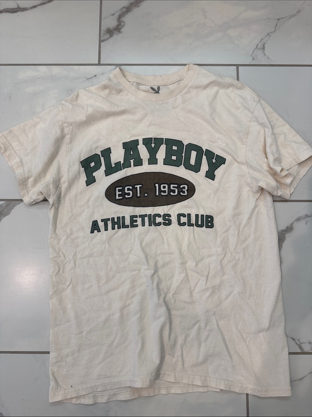 PLAYBOY Cream Tee with Green & Brown 'Athletics Club' Graphic